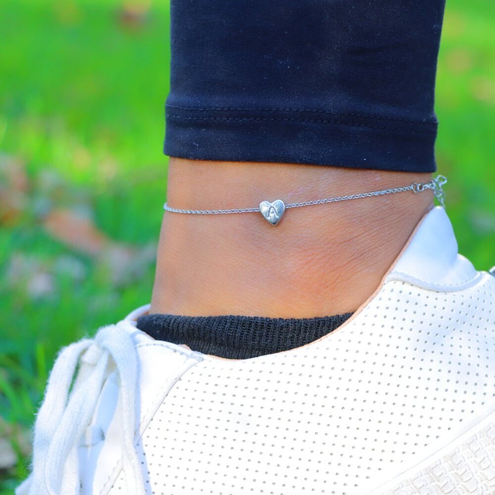 😍PERSONALIZED❤️HEART CHARM - A to Z, DAINTY SILVER INITIAL ANKLET, ELDM22302 - Picture 11 of 13